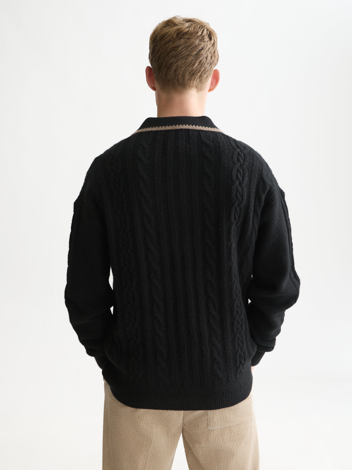 Soft Knit Polo Cable Dropped Shoulder Pullover - Meteorite-2