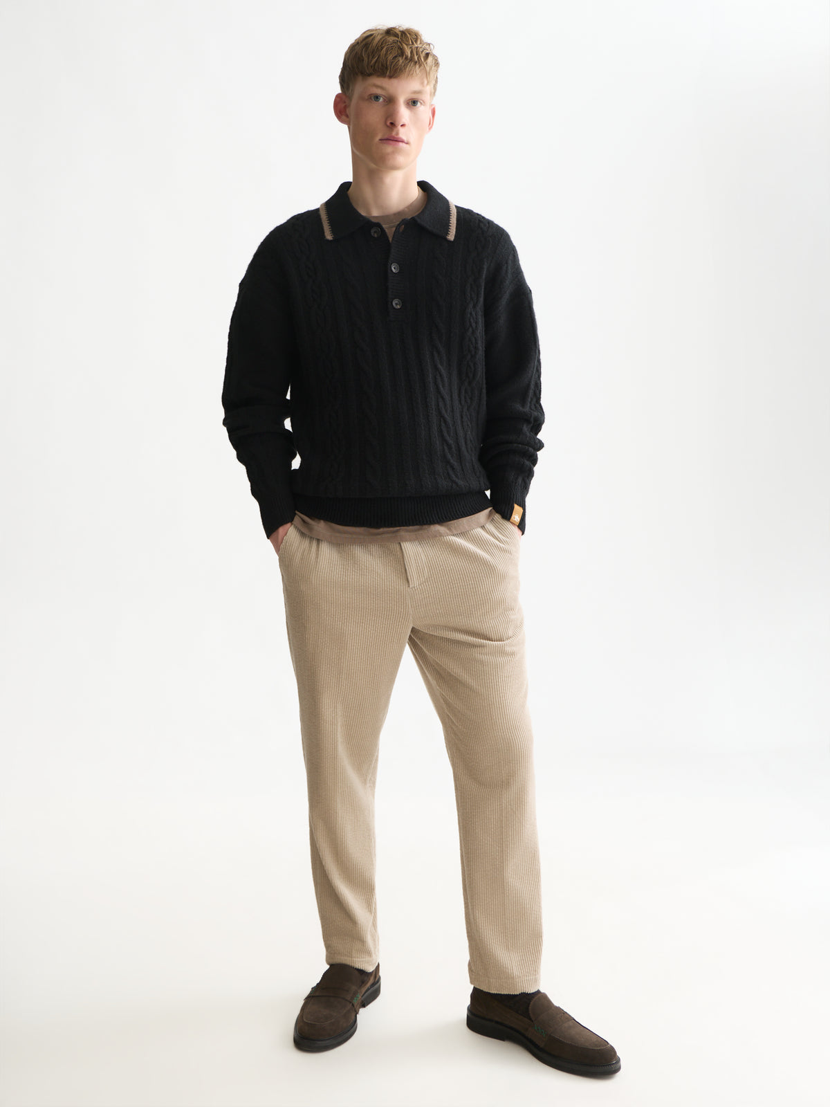 Soft Knit Polo Cable Dropped Shoulder Pullover - Meteorite-3