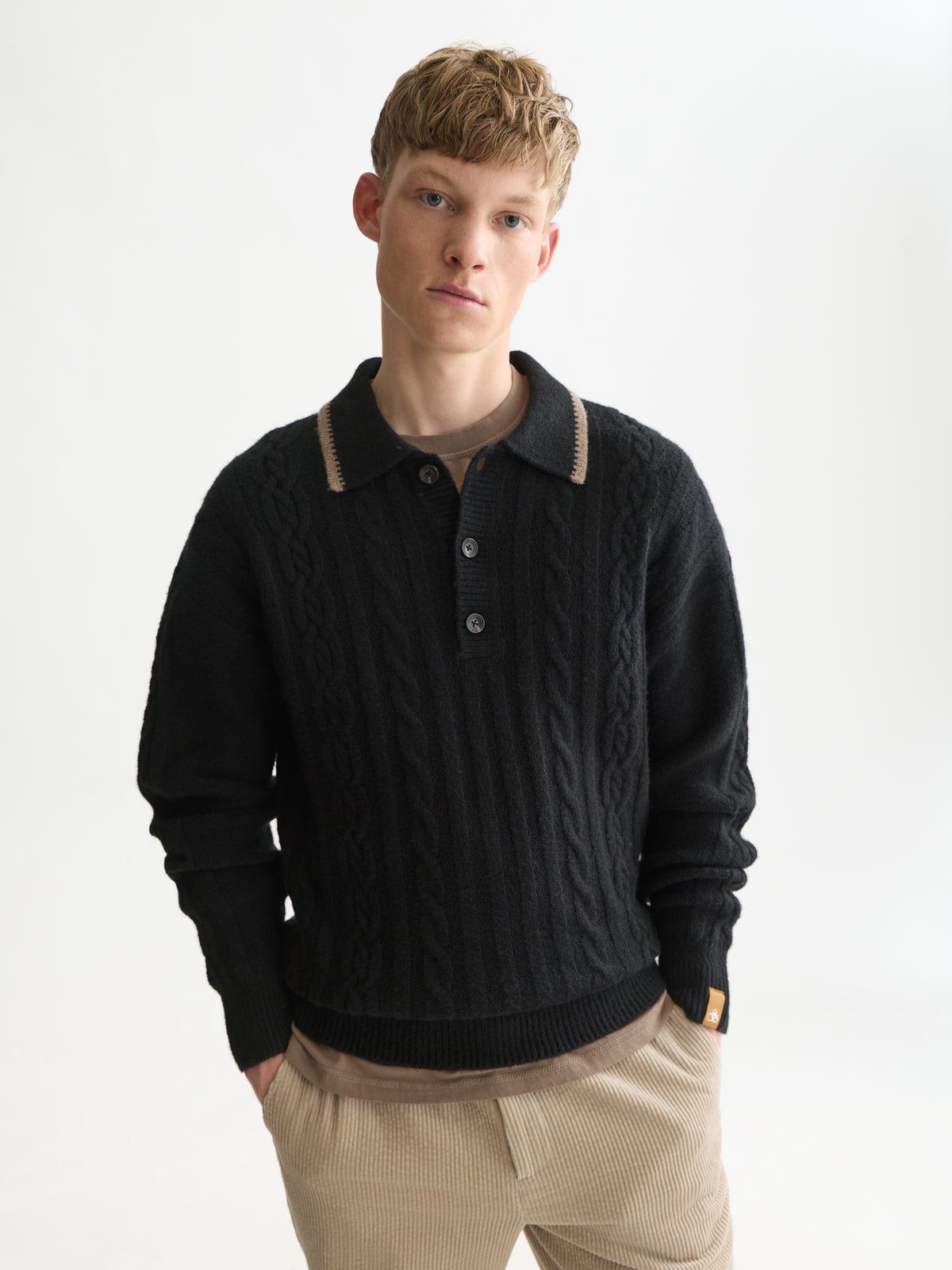 Soft Knit Polo Cable Dropped Shoulder Pullover - Meteorite-1