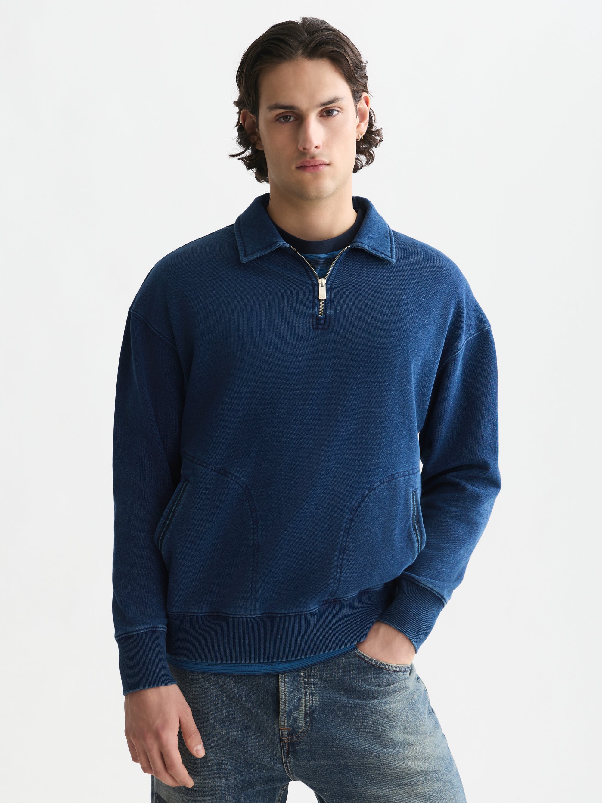Washed Indigo Half Zip Relaxed Fit Sweatshirt - Washed Indigo