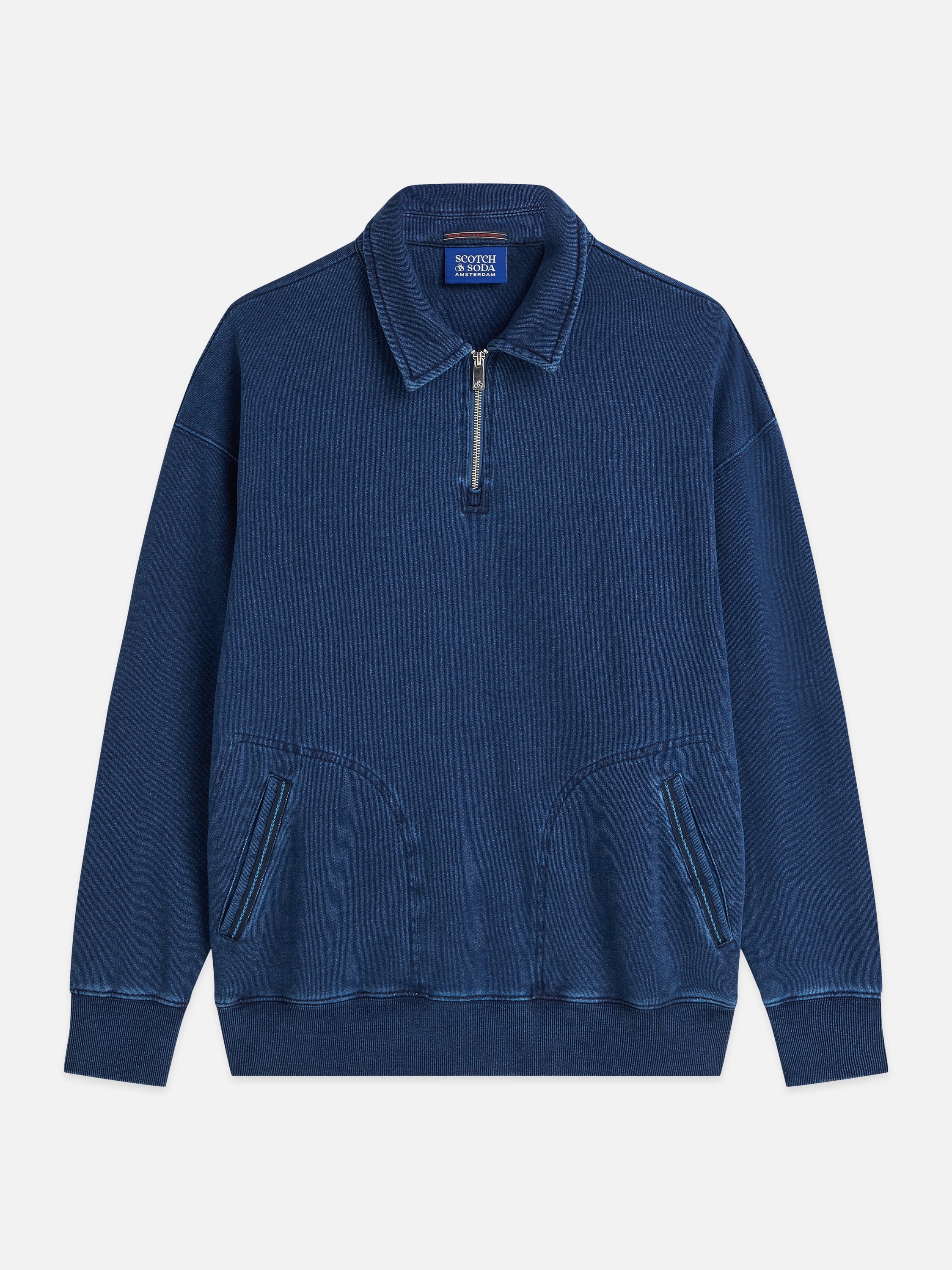 Washed Indigo Half Zip Relaxed Fit Sweatshirt - Washed Indigo