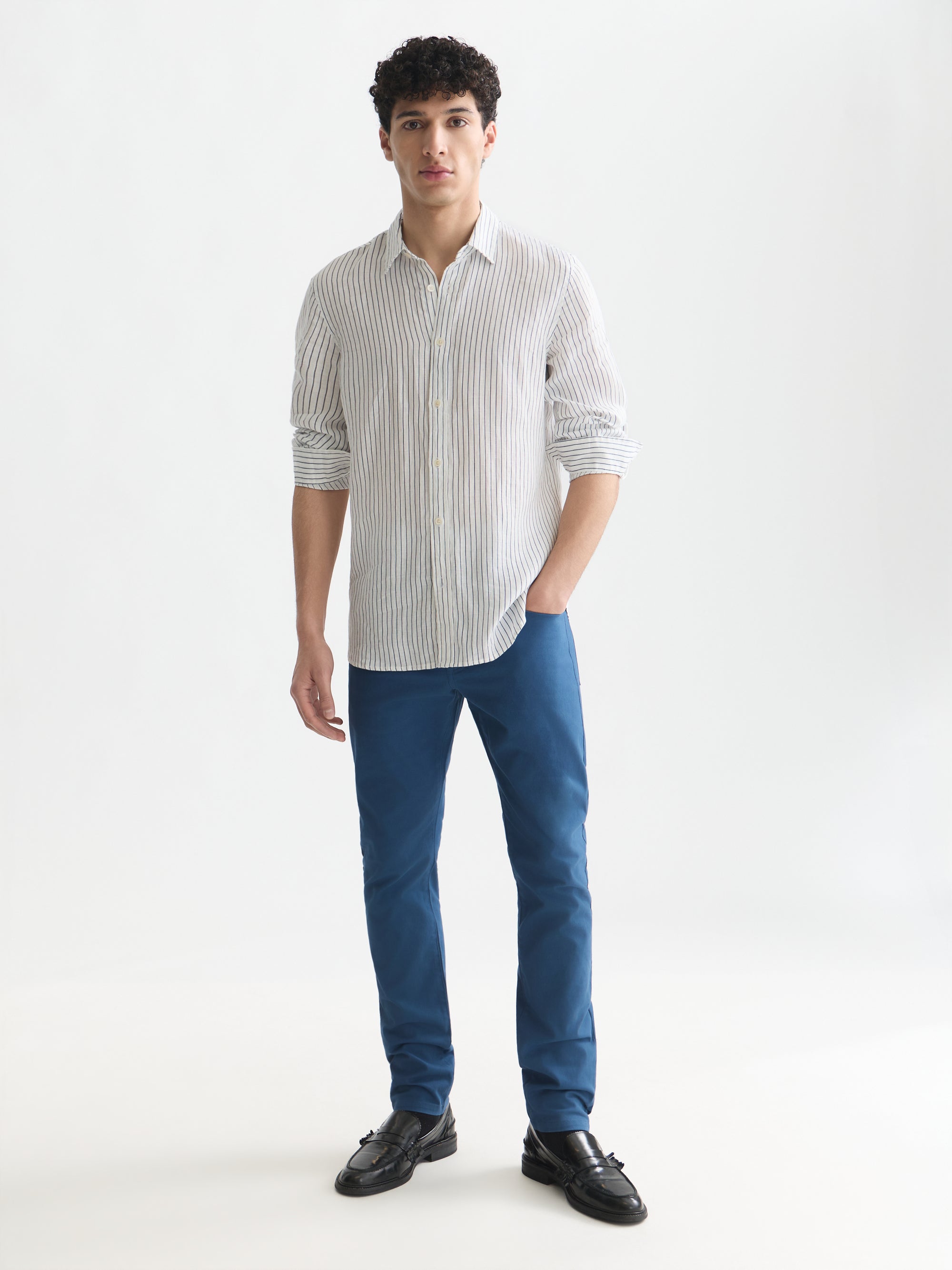Striped Linen Regular Fit Shirt - Ensign Blue Stripe