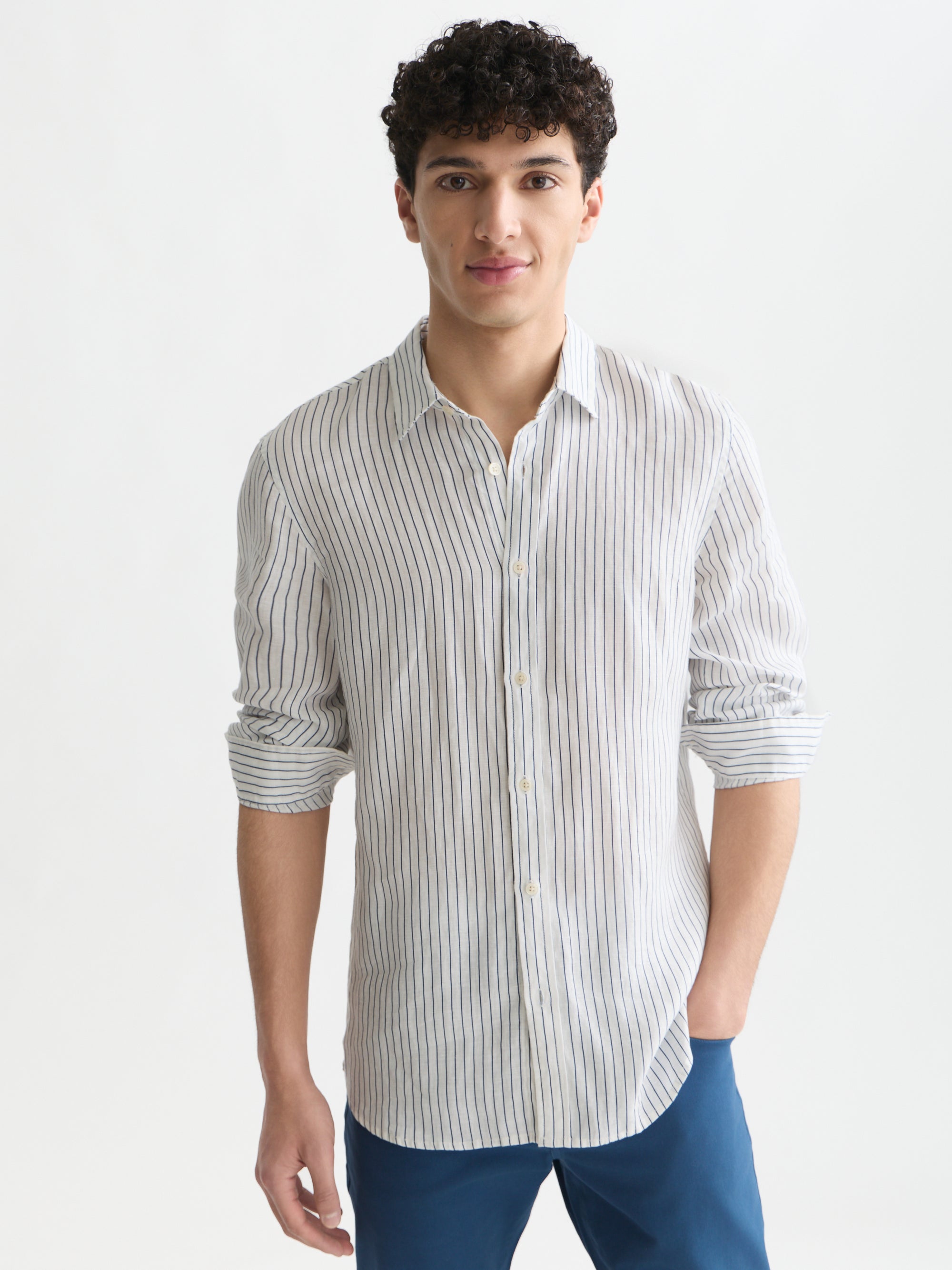 Striped Linen Regular Fit Shirt - Ensign Blue Stripe