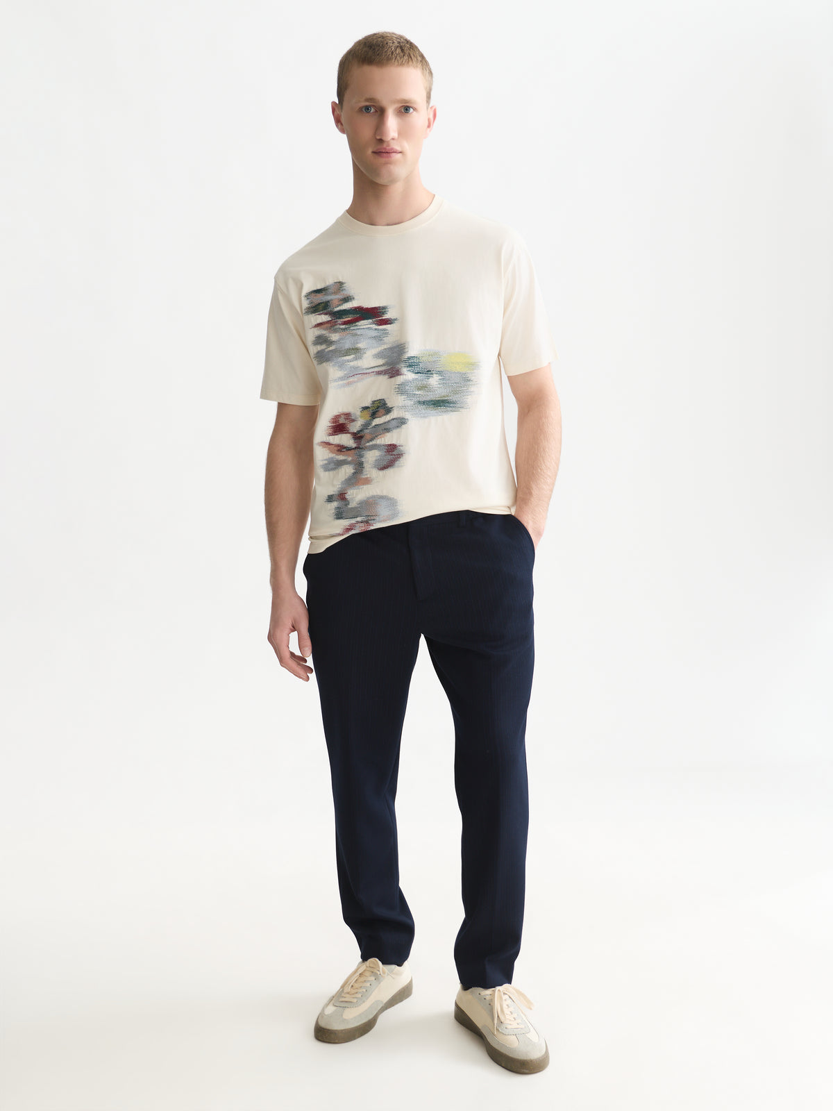 Embroidery Placed Artwork Loose-Fit T-Shirt - Eggnog-3