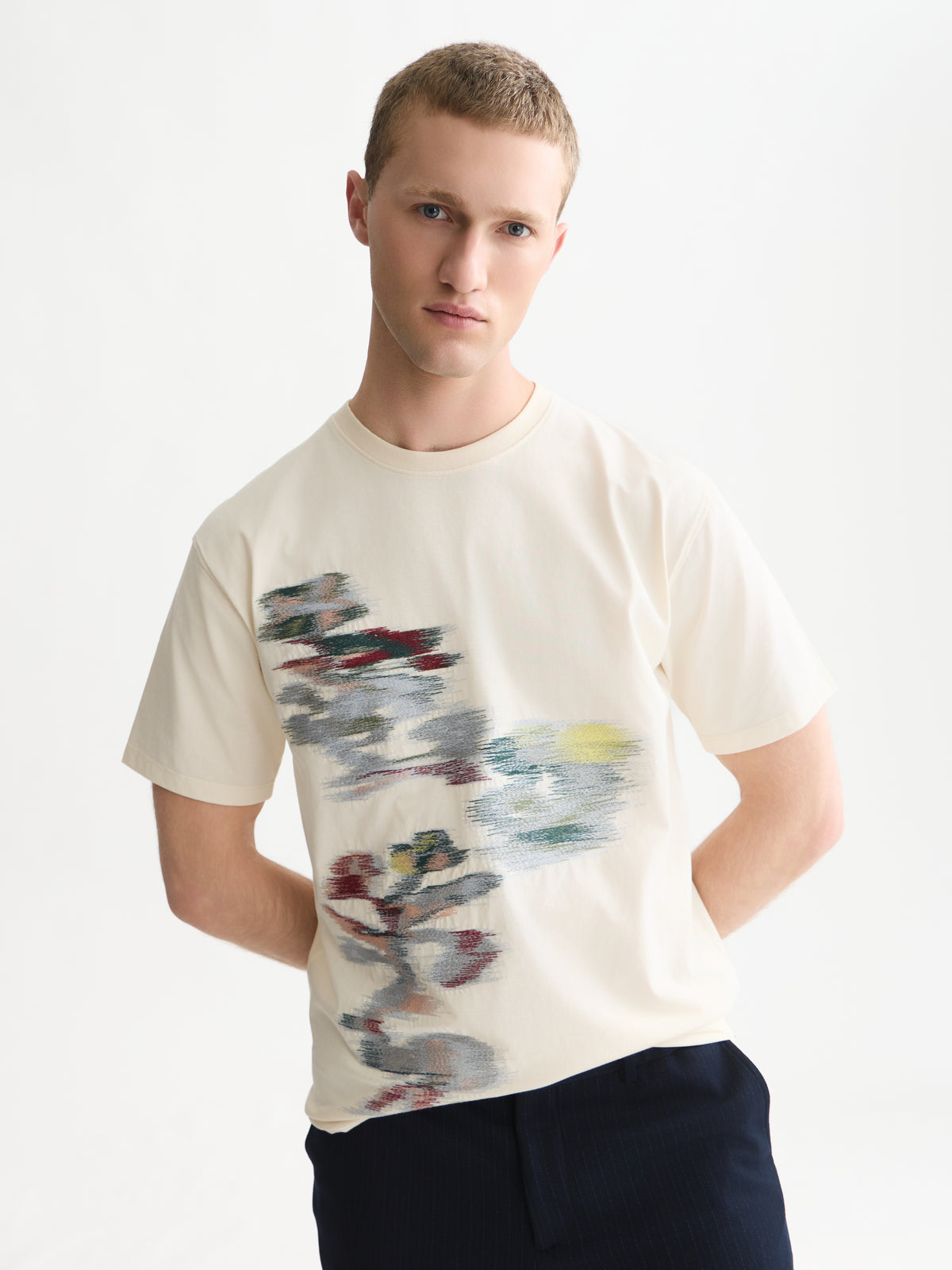 Embroidery Placed Artwork Loose-Fit T-Shirt - Eggnog