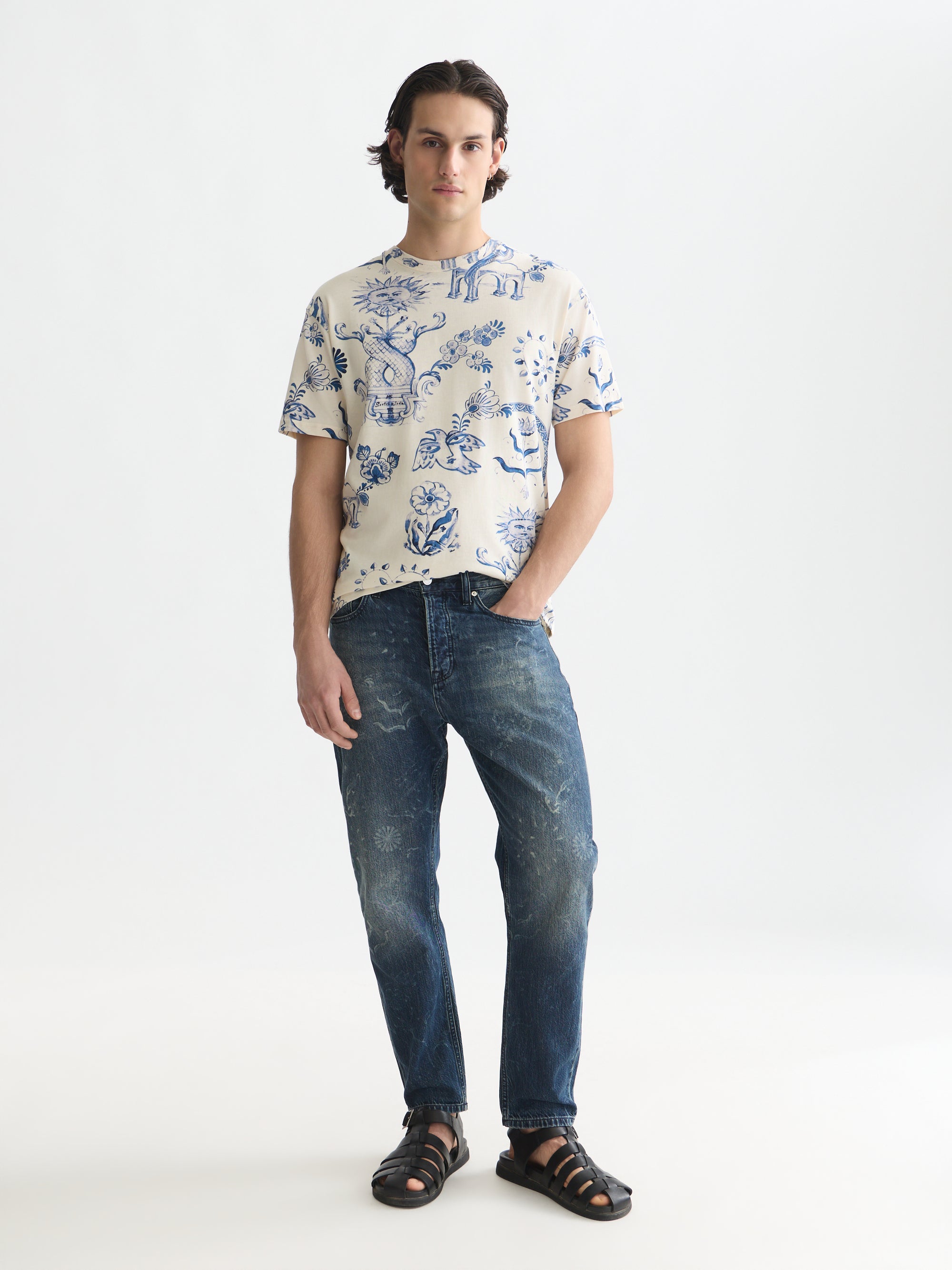 Printed Relaxed Fit T-Shirt - Delft Tiles Blue