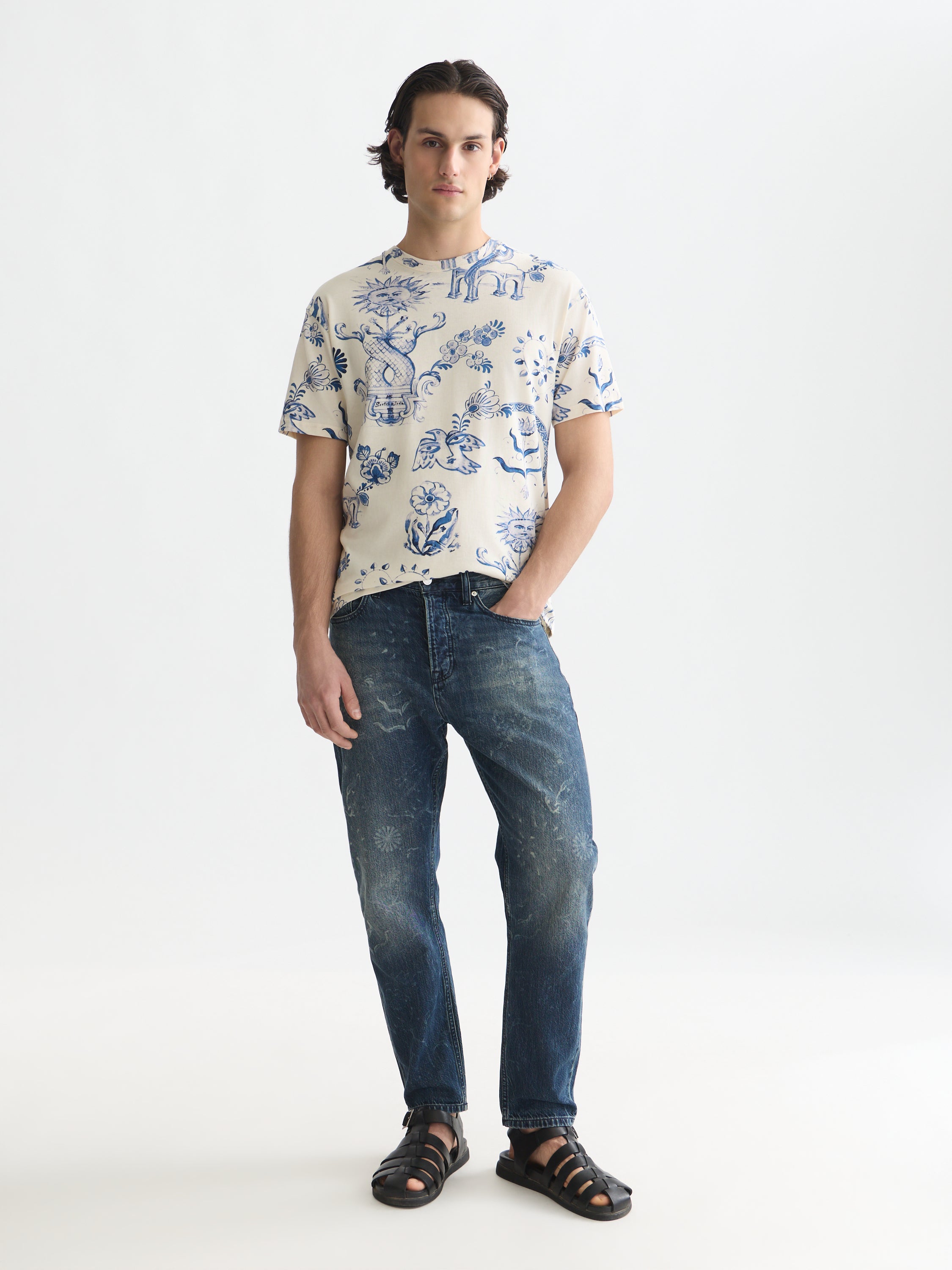 Printed Relaxed Fit T-Shirt - Delft Tiles Blue