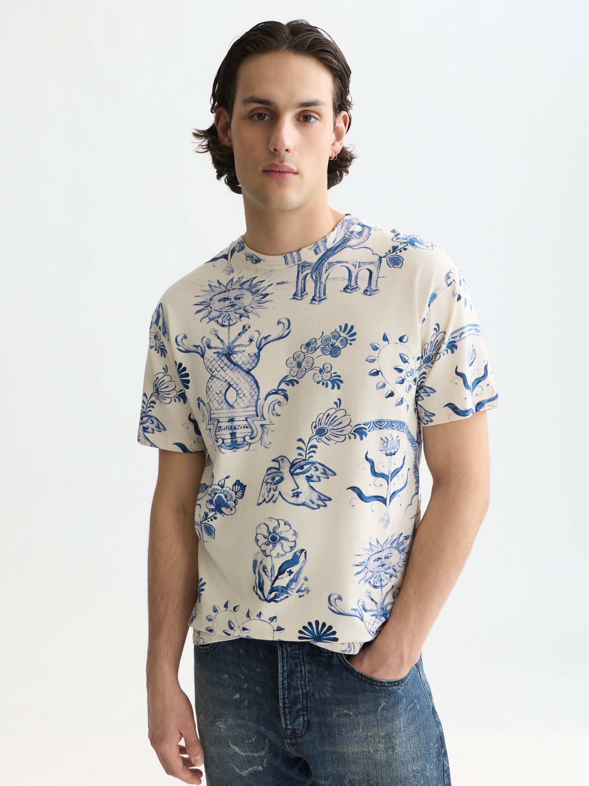 Printed Relaxed Fit T-Shirt - Delft Tiles Blue