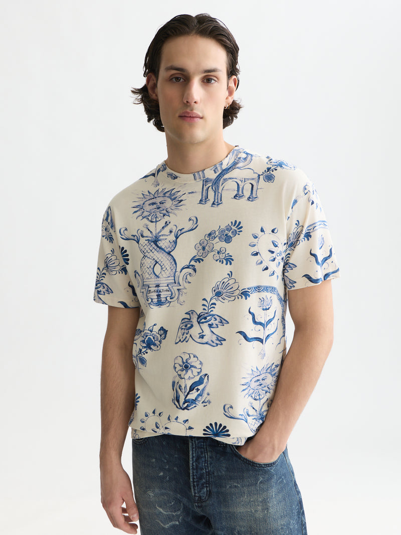 Printed Relaxed Fit T-Shirt - Delft Tiles Blue