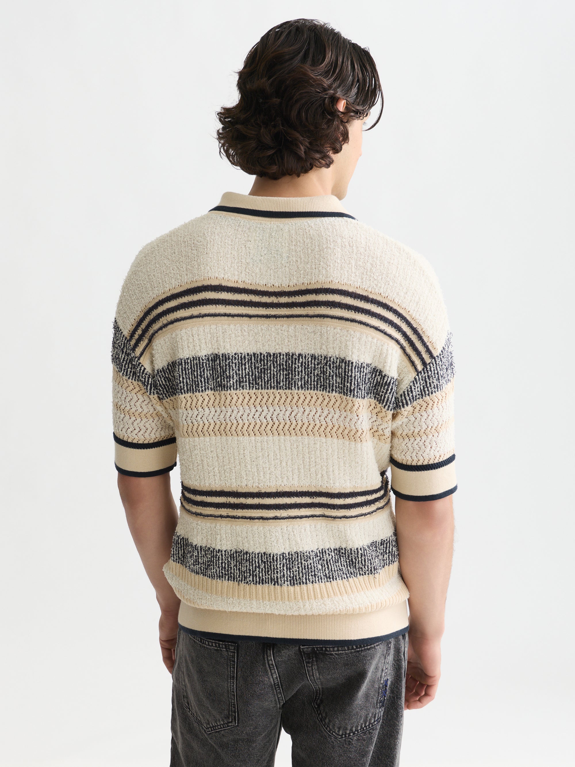 Structured Dropped Shoulder Knitted Polo - Eggnog / Ensign Blue Stripe