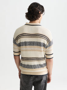 Structured Dropped Shoulder Knitted Polo - Eggnog / Ensign Blue Stripe
