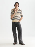 Structured Dropped Shoulder Knitted Polo - Eggnog / Ensign Blue Stripe