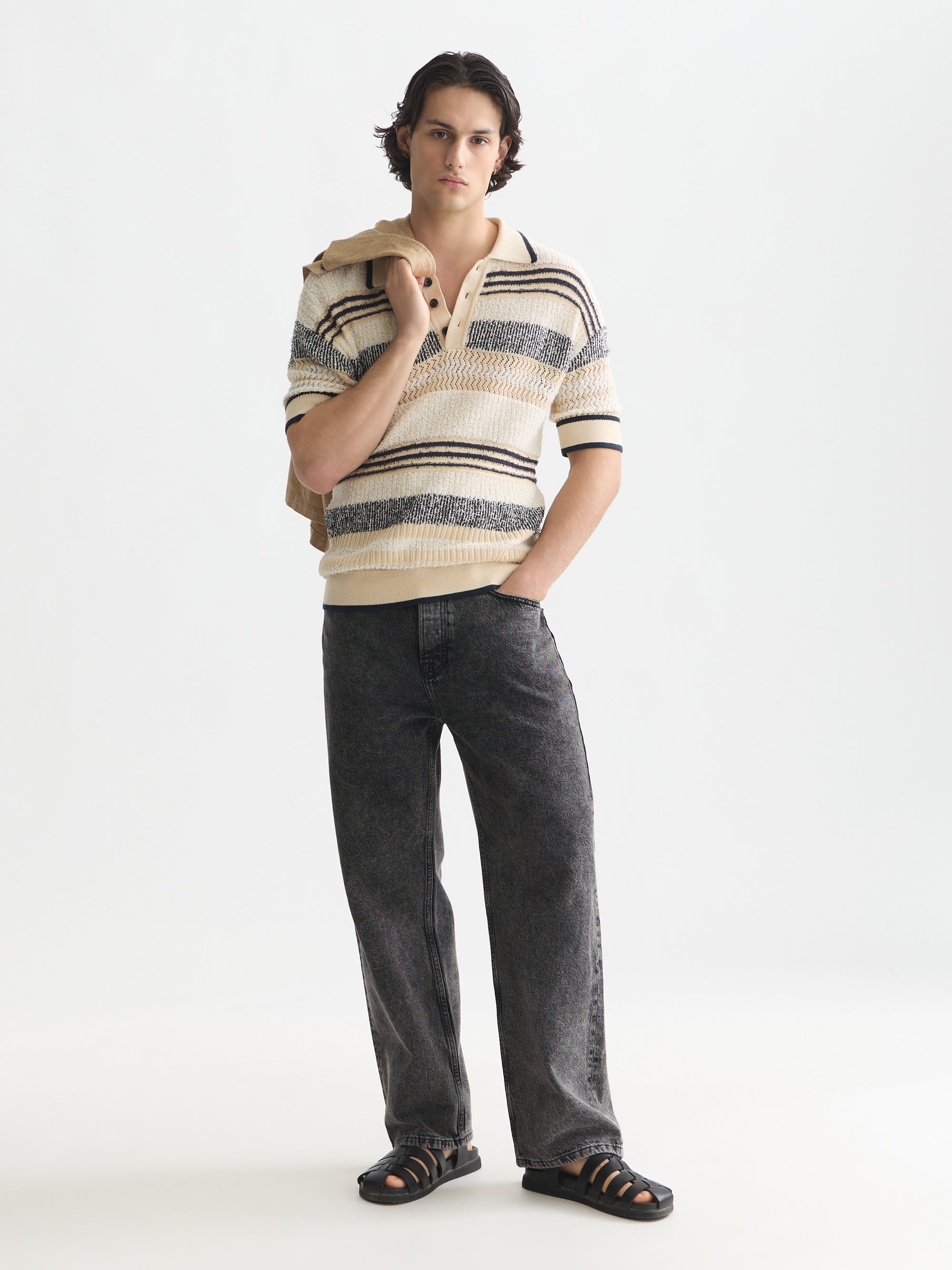 Structured Dropped Shoulder Knitted Polo - Eggnog / Ensign Blue Stripe