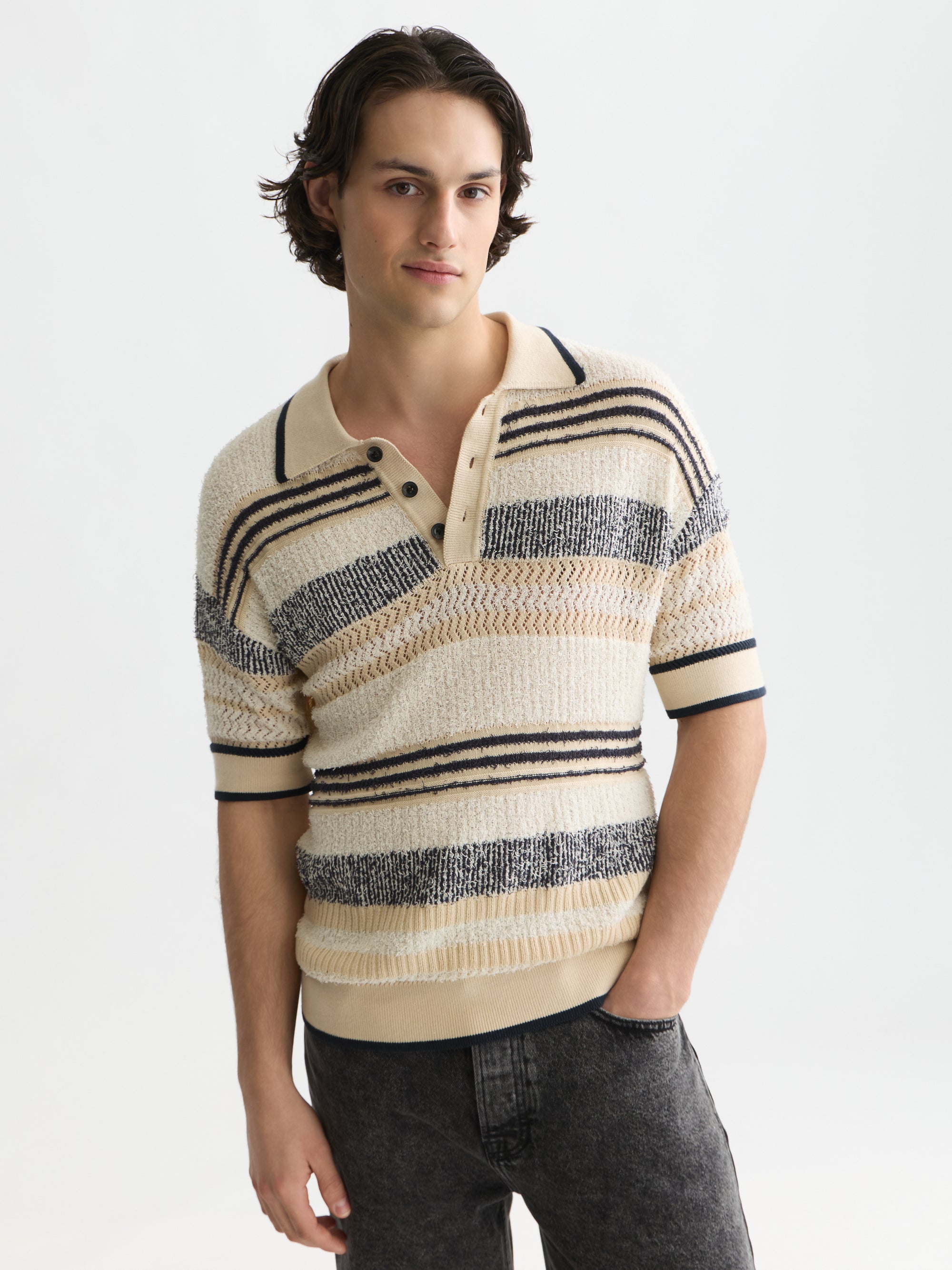 Structured Dropped Shoulder Knitted Polo - Eggnog / Ensign Blue Stripe