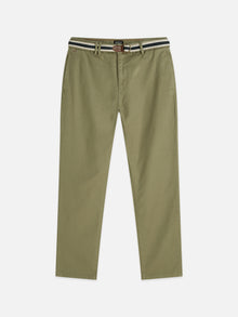 Warren Cotton Blend Twill Belted Chino - Oil Green