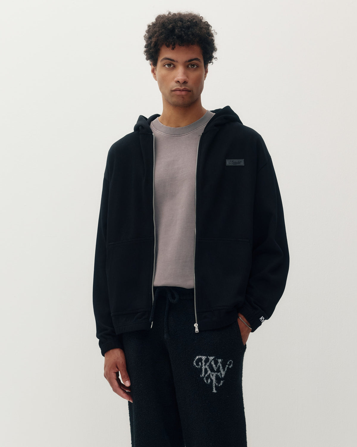 Ribbed Zip Hoodie - Black-1