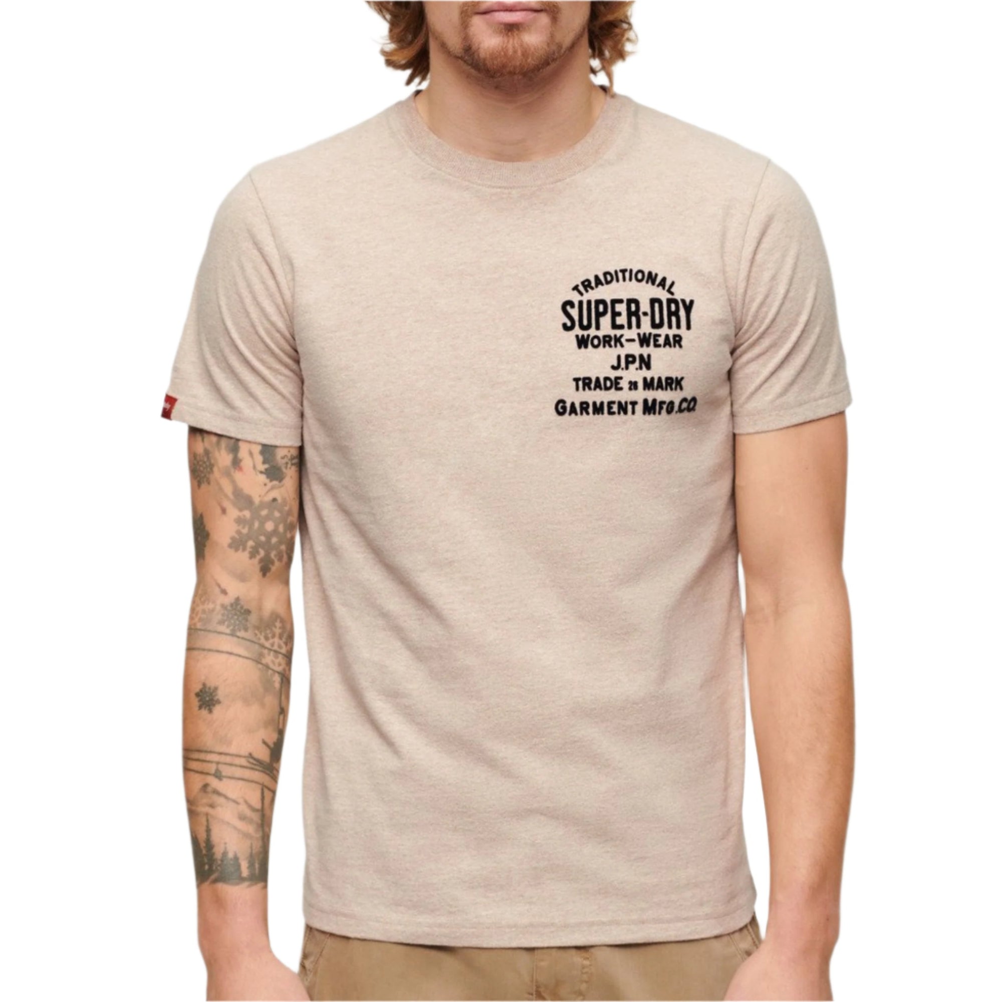 Lavin Beige Marl Workwear Flock Graphic T-Shirt