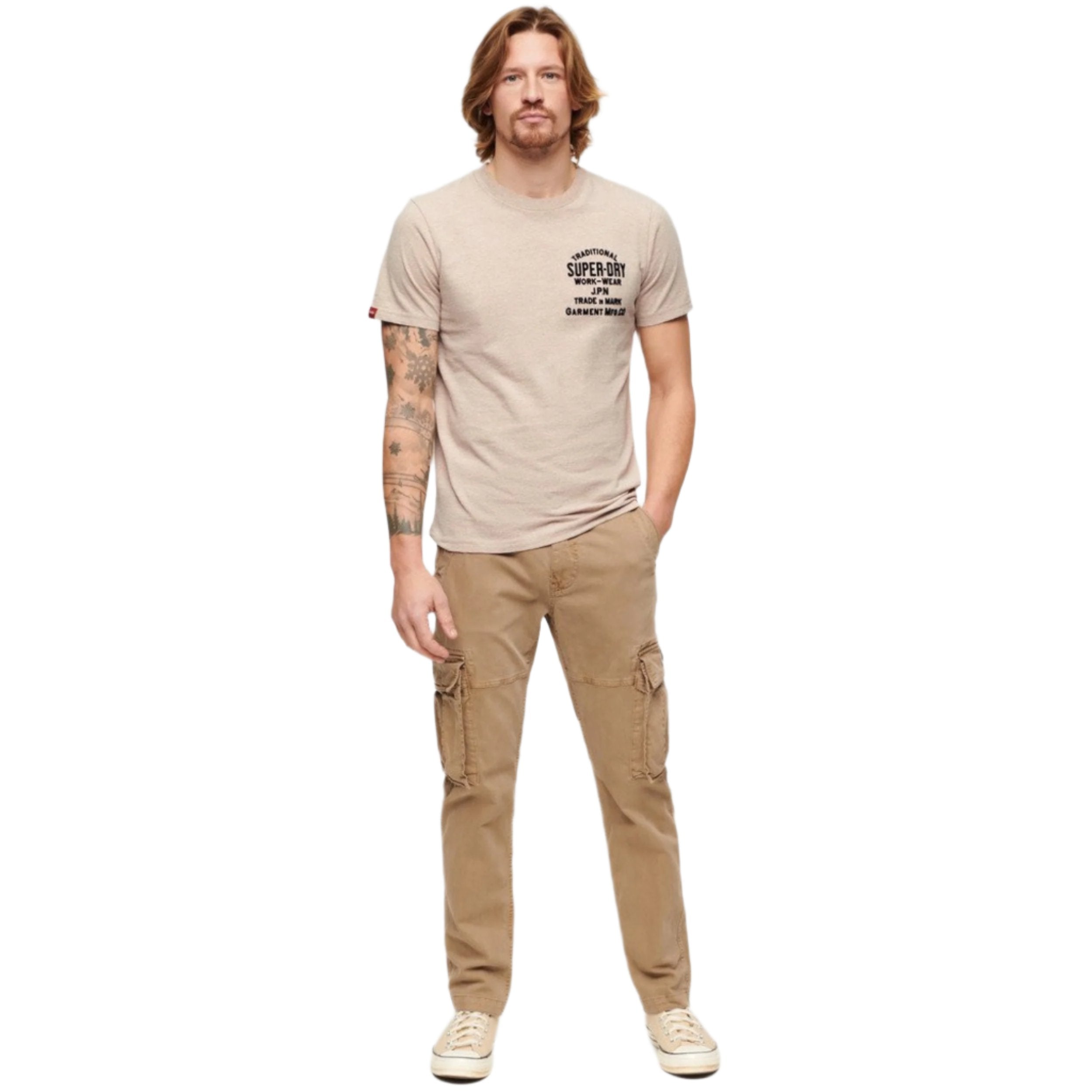 Lavin Beige Marl Workwear Flock Graphic T-Shirt