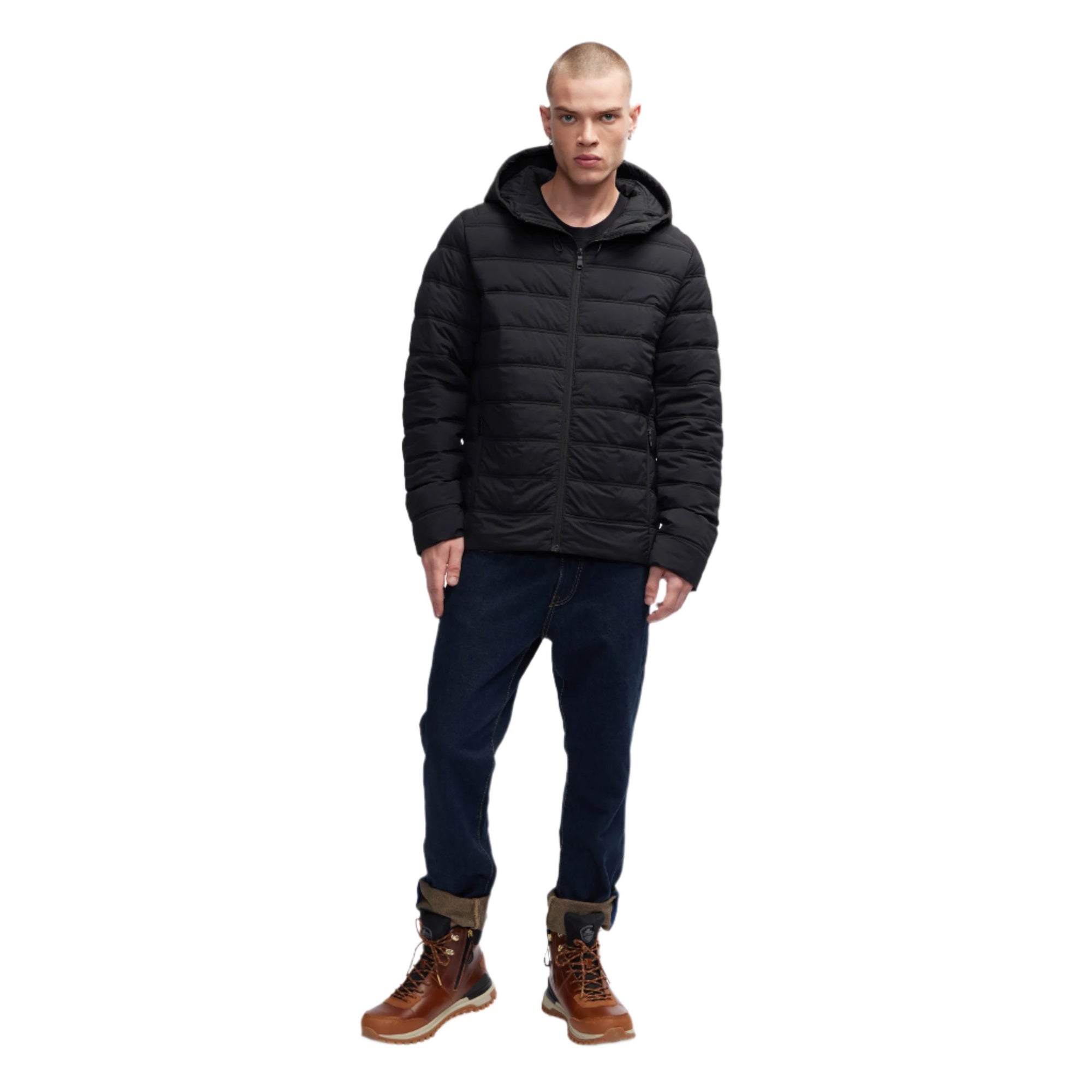 Black Seneca Mens Lightweight Stretch Puffer With Fixed Hood