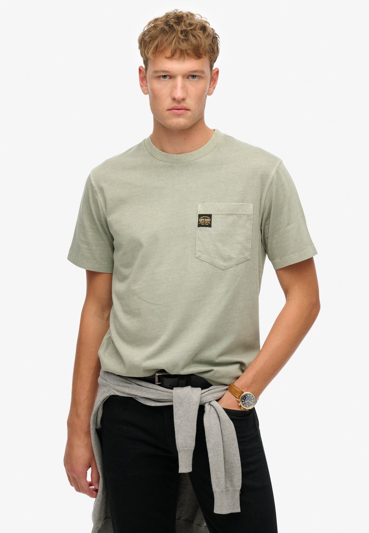 Contrast Stitch Pocket T-shirt - Washed Sage Green-2