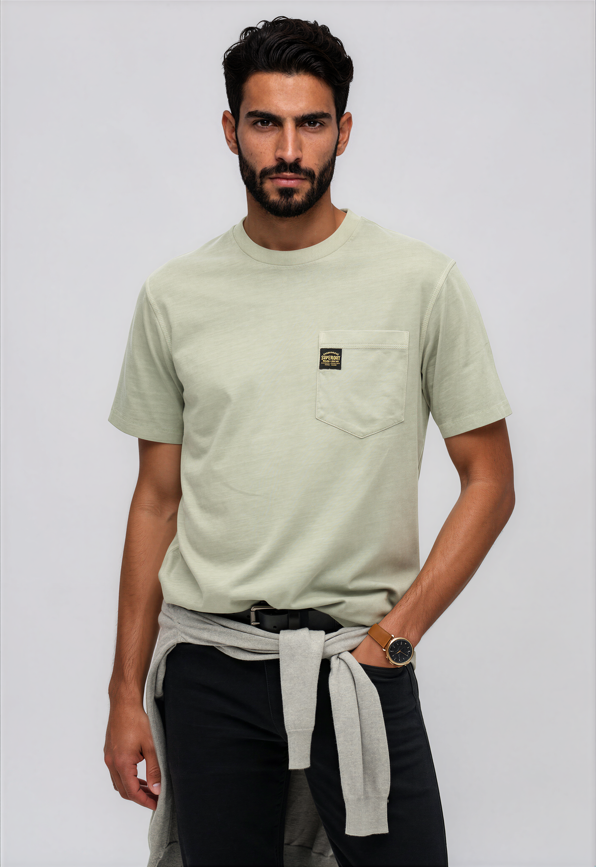 Contrast Stitch Pocket T-shirt - Washed Sage Green-1
