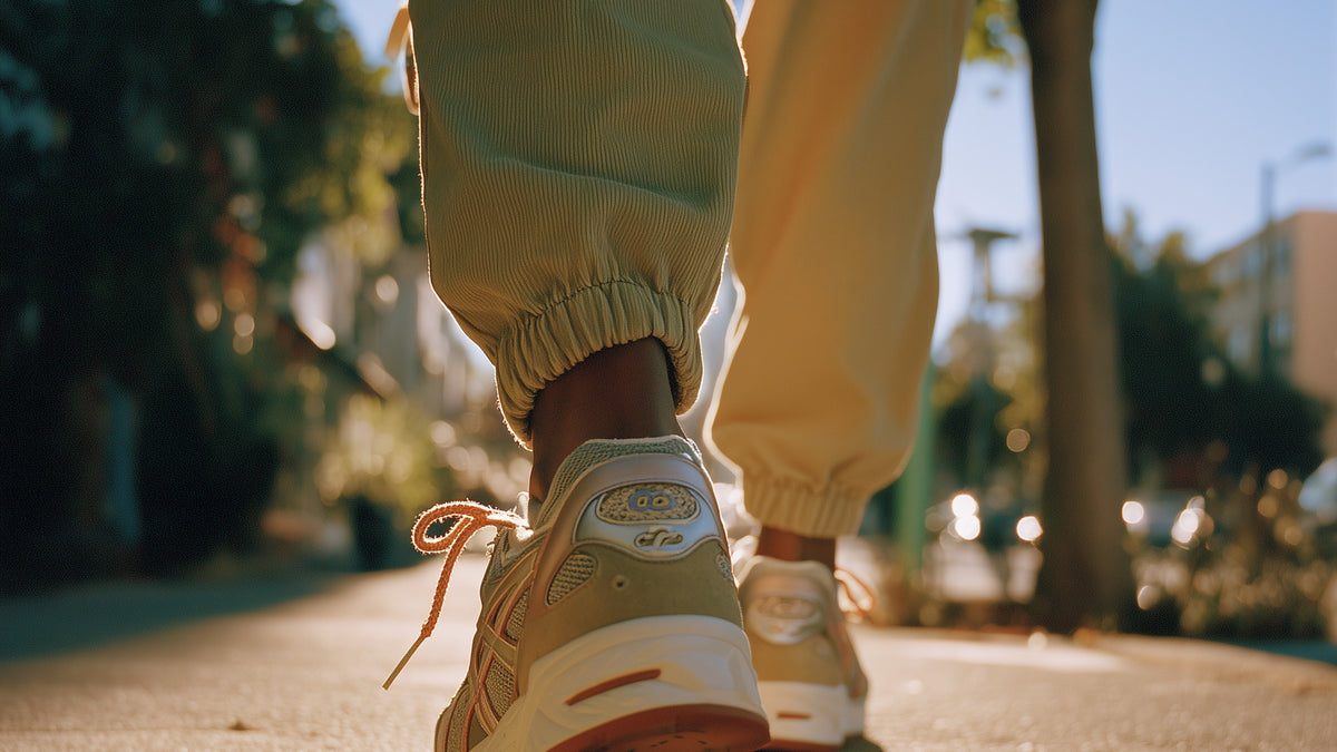 Walking in Asics sneakers on a city street