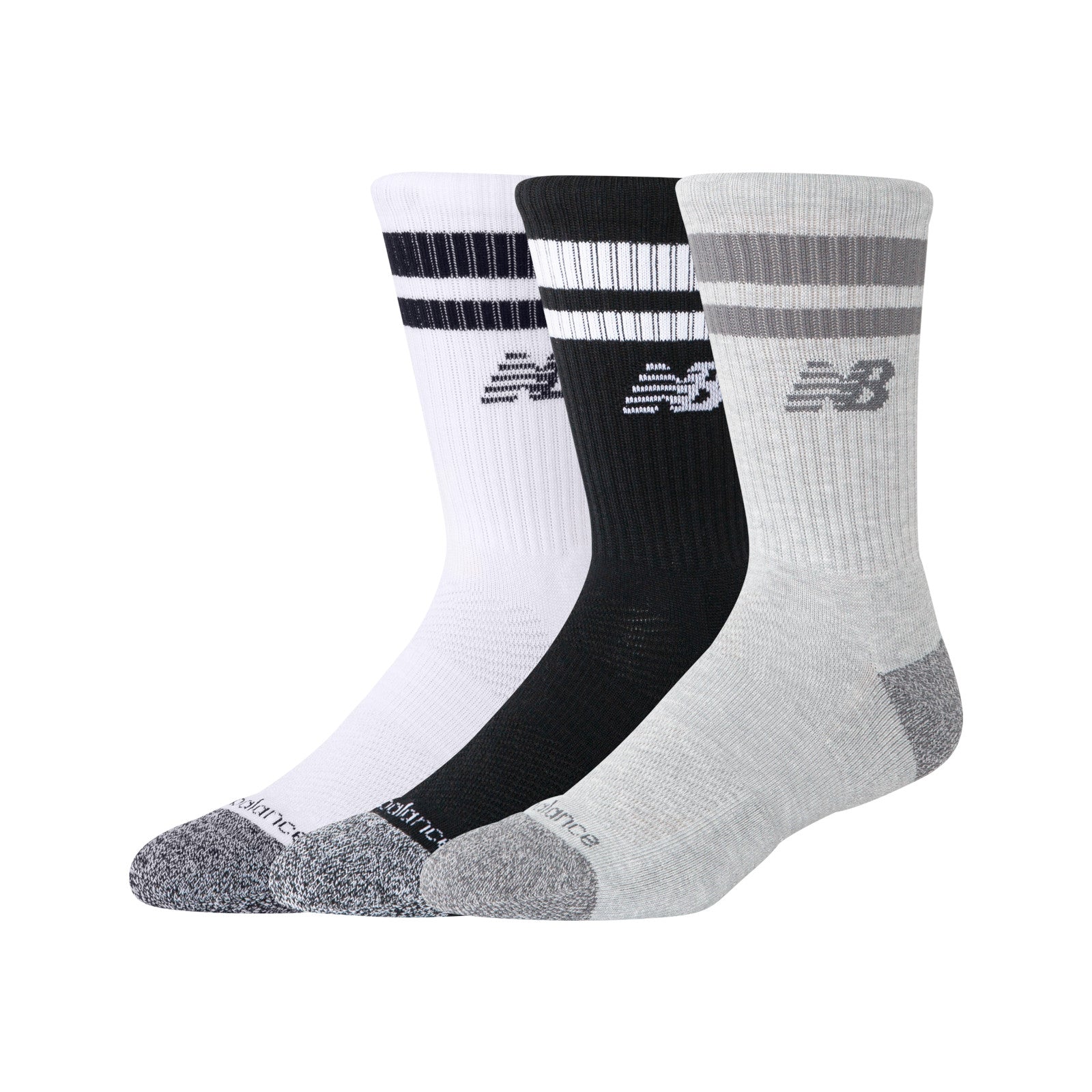 Active Lifestyle Striped Crew Socks 3 Pack -  Black, Grey & White