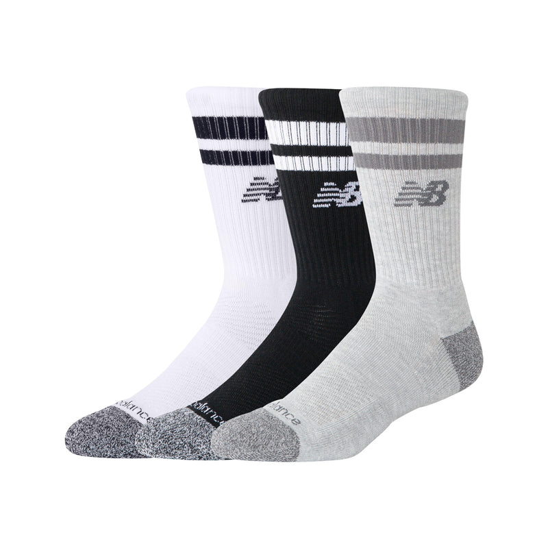 Active Lifestyle Striped Crew Socks 3 Pack -  Black, Grey & White