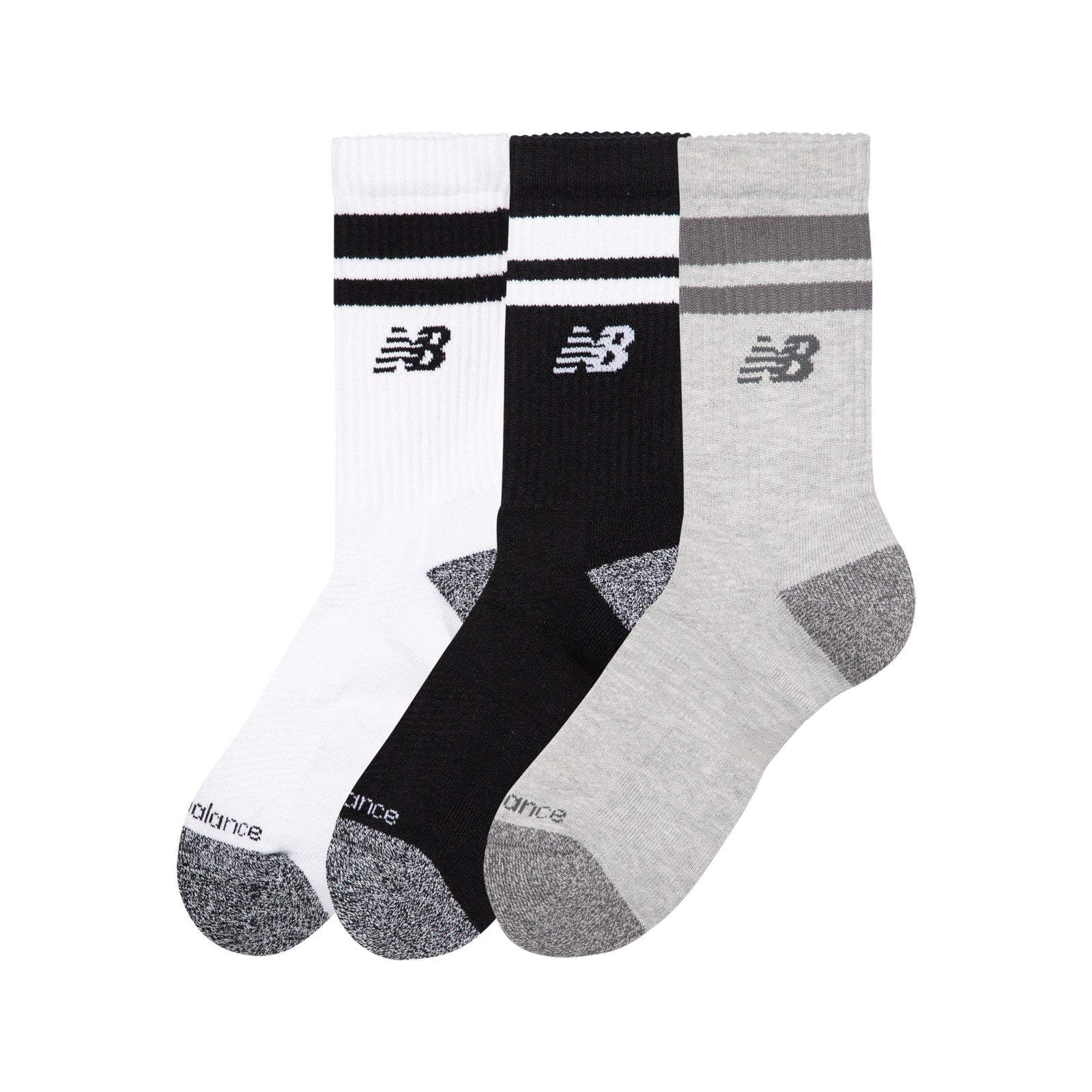 Active Lifestyle Striped Crew Socks 3 Pack -  Black, Grey & White
