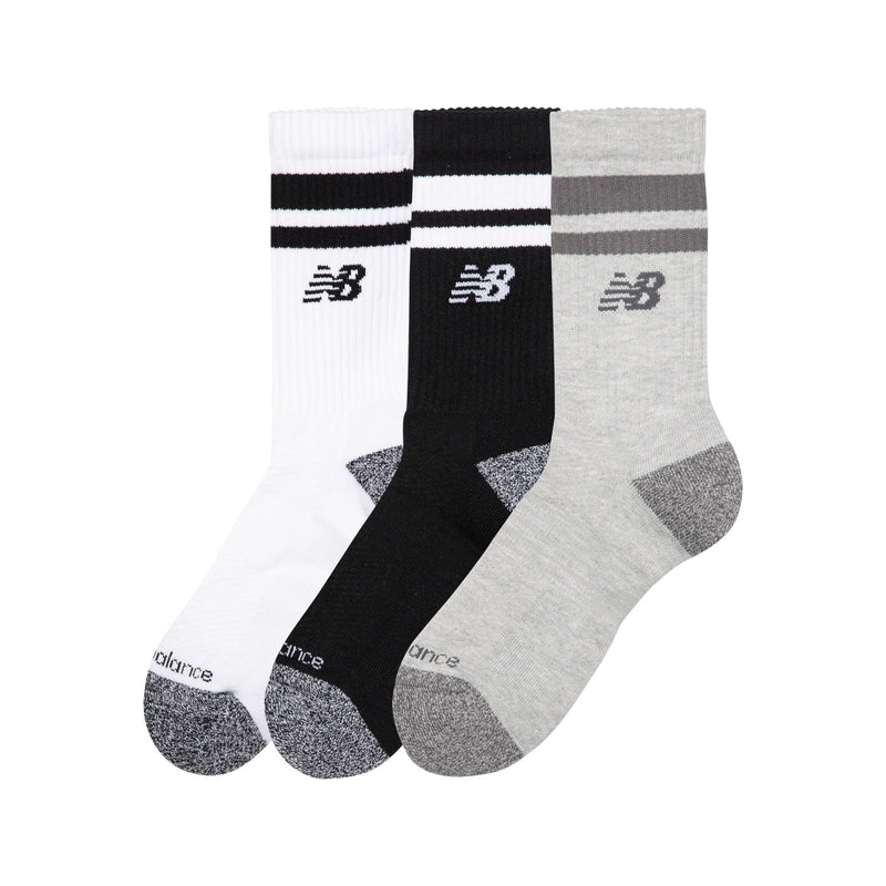 Active Lifestyle Striped Crew Socks 3 Pack -  Black, Grey & White