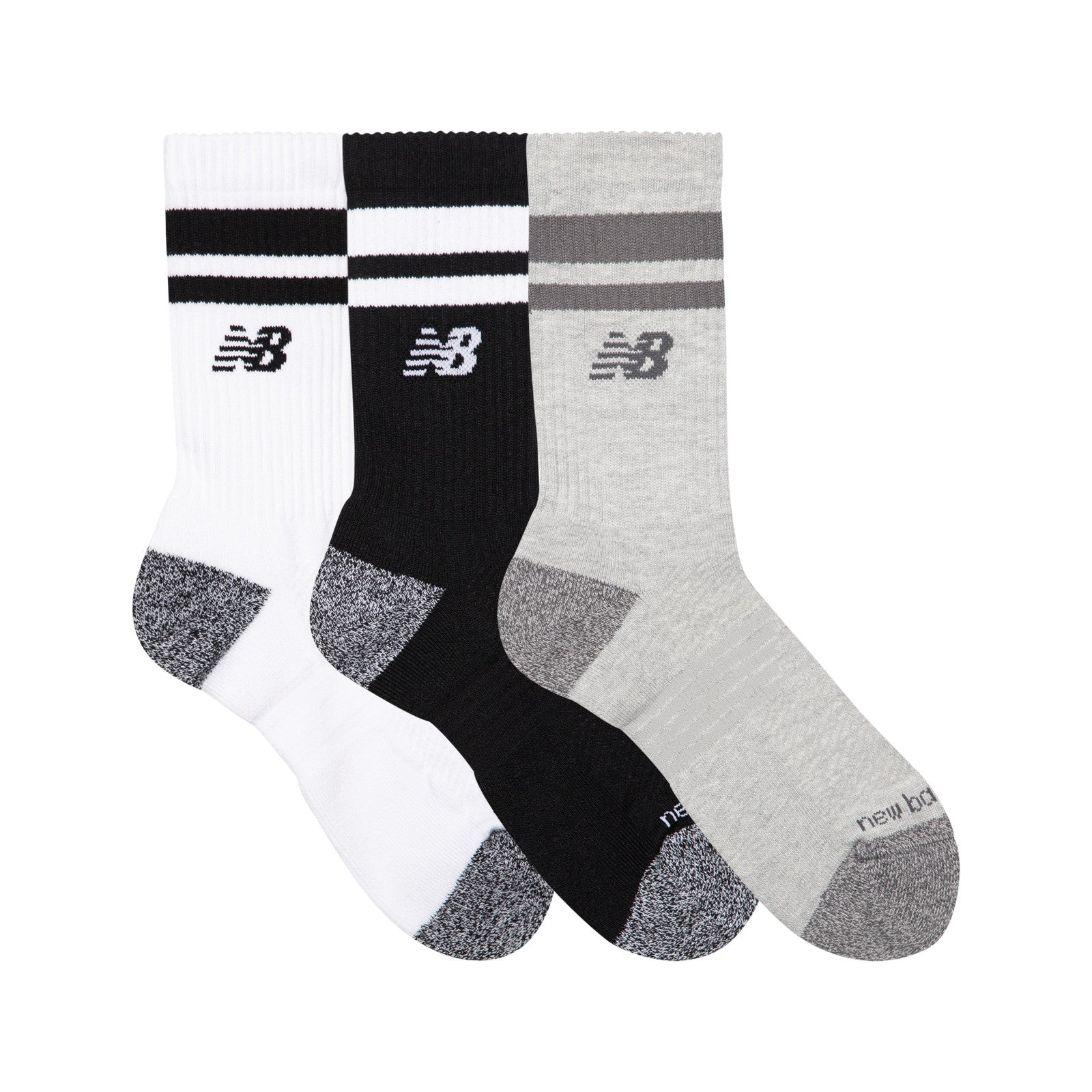 Active Lifestyle Striped Crew Socks 3 Pack -  Black, Grey & White